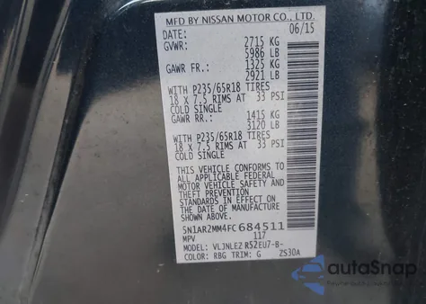 2015 Nissan Pathfinder Sv из США, поврежденный, VIN 5N1AR2MM4FC684511